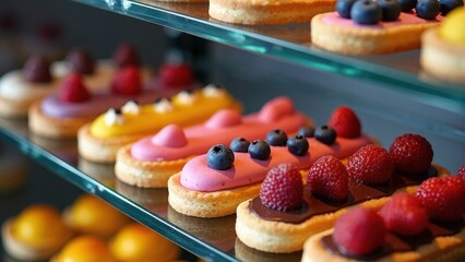 A vibrant display of sweet pastries topped with fresh berries, enticing customers in a candy store. Colorful eclairs and tartlets showcase the confectioner's skill.