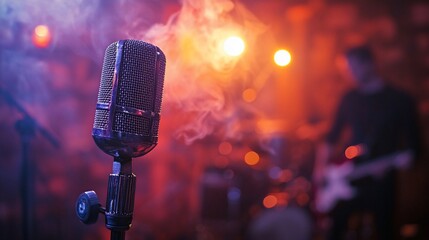 Retro microphone on stage in smoky, vibrant music venue