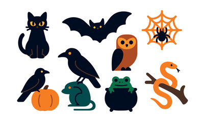 Flat vector icons of Halloween animals: black cat, flying bat, perched owl, spider on web, crow on pumpkin, rat with red eyes, frog in cauldron, snake curled on branch.