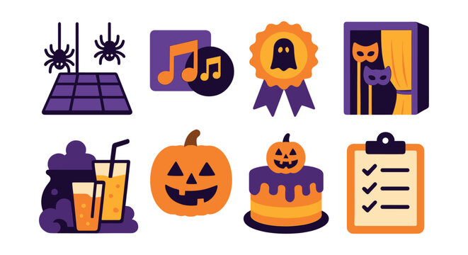 Flat vector icons of Halloween party items: dance floor with spider lights, spooky playlist icon, costume contest ribbon, photo booth with masks, drink station with fog, carved pumpkin centerpiece,