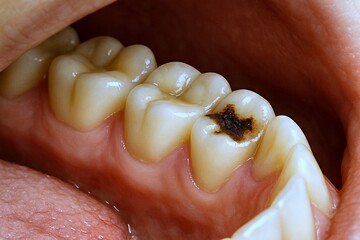 Close-up of a person's lower teeth showing a moderate carious lesion on the chewing surface of one of the molars. The adjacent teeth appear healthy.