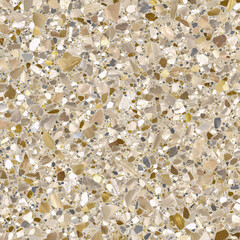 Textured Terrazzo: Close-up of a terrazzo surface, revealing a mix of aggregate embedded in a smooth, polished background with various shapes, colors and sizes. 