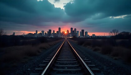 Fototapeta premium Urban train tracks lead to a city skyline under a moody evening sky, Railroad, created with generative ai