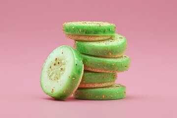 Cucumber Slices Stacked on Pink Background.