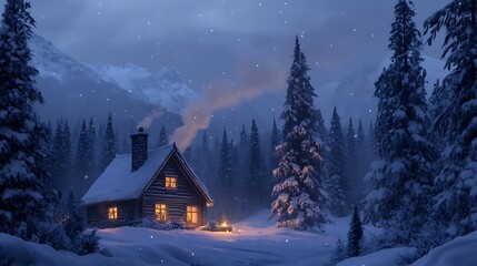 Naklejka premium Cozy cabin with snowy mountains, and winter night.