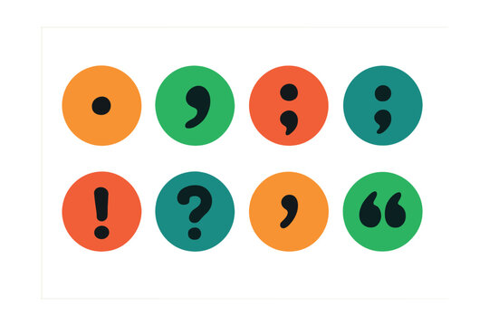 Flat vector icons of basic punctuation marks: period (.), comma (,), colon (:), semicolon (;), exclamation mark (!), question mark (?), apostrophe (&rsquo;), quotation marks (&ldquo;&rdquo;).