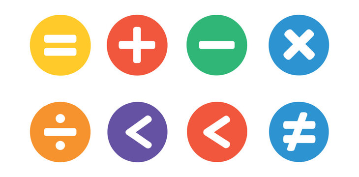 Flat vector icons of mathematical punctuation: equal sign (=), plus (+), minus (&minus;), multiplication (&times;), division (&divide;), greater than (>), less than (<), not equal (&ne;).