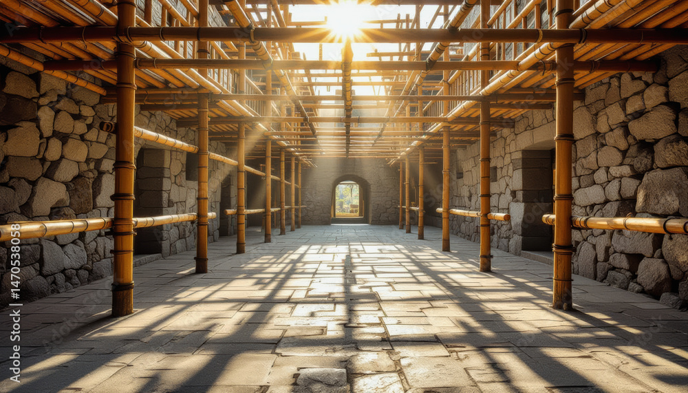 Poster sunlight streams through a bamboo-framed corridor, illuminating the stone walls and patterned floor 