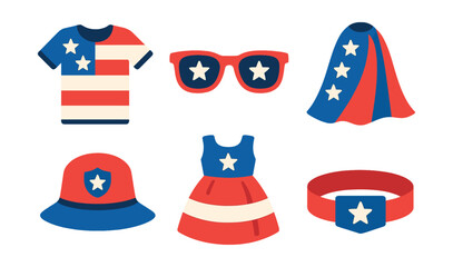 Flat vector icons of patriotic clothing: shirt with flag print, star-patterned sunglasses, flag cape, hat with badge, kid’s dress in national colors, wristband with emblem.