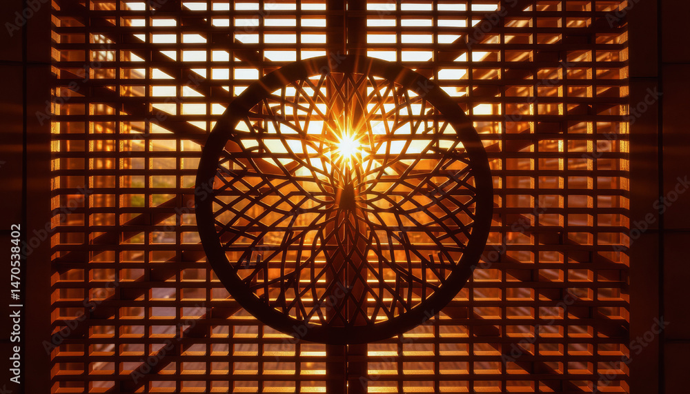 Poster sunlight streams through a patterned window featuring a circular design overlaid on a grid, creating