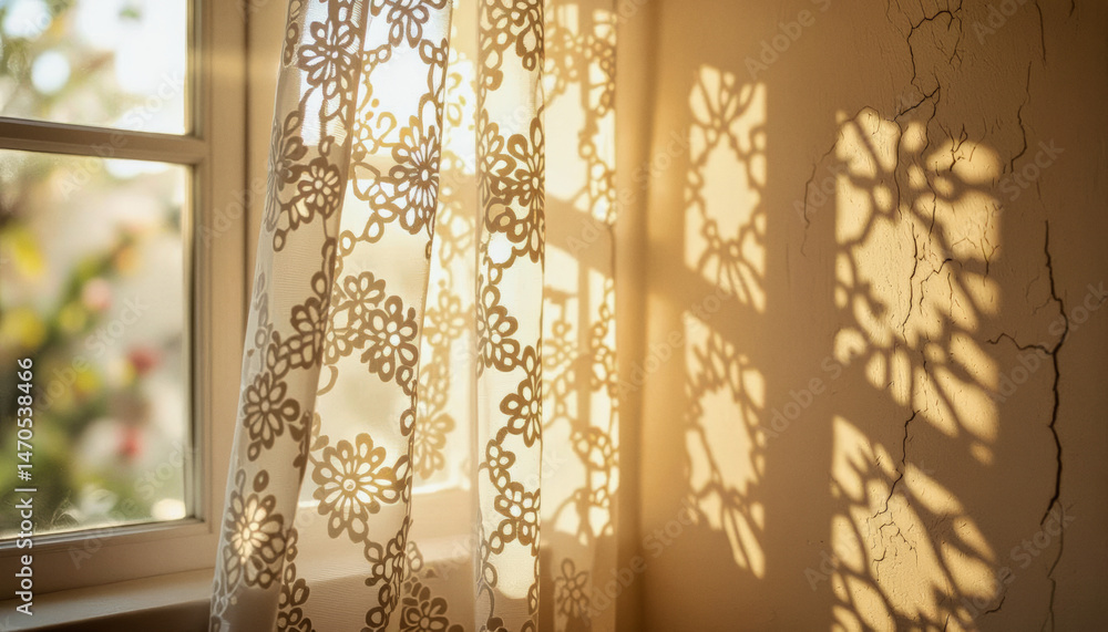 Poster sunlight streams through a patterned lace curtain, casting intricate shadows on a textured wall, cre