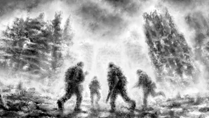 Territory of war and apocalypse. Science fiction illustration. Special forces. Soldier of the future. Freehand digital drawing.
