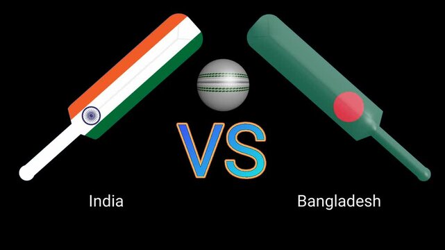 India vs Bangladesh match animation with bats and ball on black background