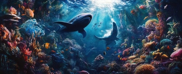 Vibrant Underwater Scene Sharks And