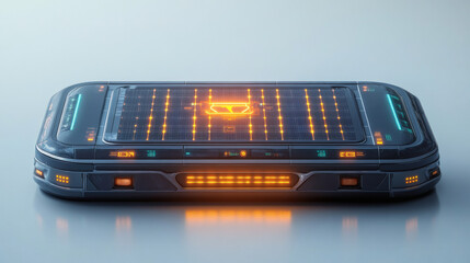 Futuristic device with illuminated orange pattern