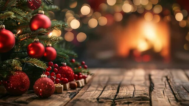 Christmas setting with a decorated tree adorned with vibrant red ornaments, set against a backdrop of a warmly lit fireplace, evokes feelings of coziness and cheer on rustic wooden table.