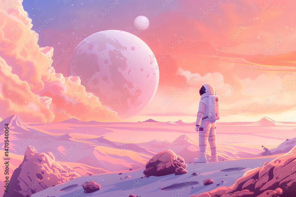 Poster ピンクと紫の空に惑星と雲を見つめる白い宇宙服を着た宇宙飛行士 ピクセルアート風景