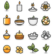 Collection of aromatherapy icons.  Simple, stylized illustrations of candles, bowls, flowers, and leaves.  Various colors and shapes