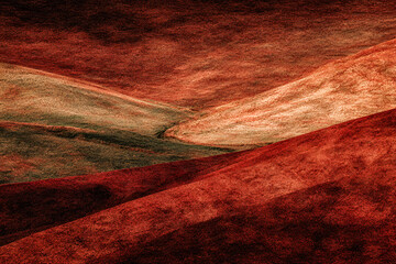 Rolling Hills in Red Hues: A captivating abstract landscape of rolling hills unfolds, painted in a palette of earthy red and green hues, evoking a sense of mystery and tranquility.