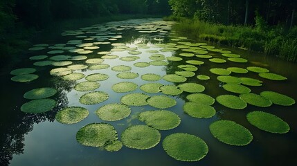 Serene pond with lily pads tranquil water nature scene calm lake surface view