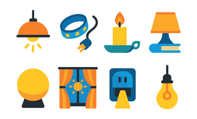 Flat vector icons of lighting and ambiance: ceiling lamp, LED strip light, candle on tray, table lamp with book, mood light orb, window curtain with light, nightlight plug-in, pendant bulb.