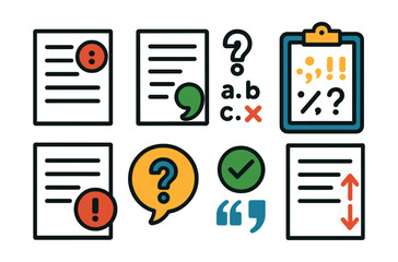Flat vector icons of punctuation tests and feedback: exam sheet with red colon, graded essay with green comma, quiz with missing punctuation, scoring rubric with punctuation symbols, review paper