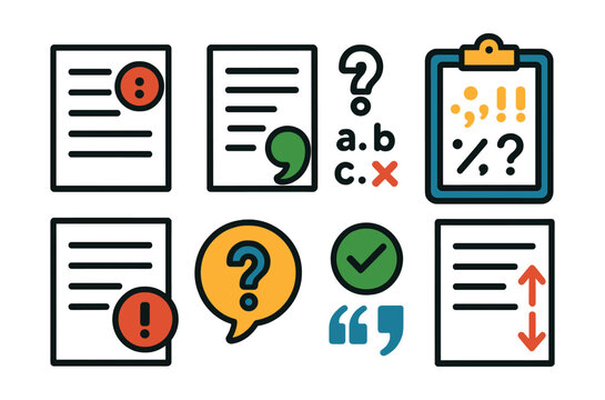 Flat vector icons of punctuation tests and feedback: exam sheet with red colon, graded essay with green comma, quiz with missing punctuation, scoring rubric with punctuation symbols, review paper