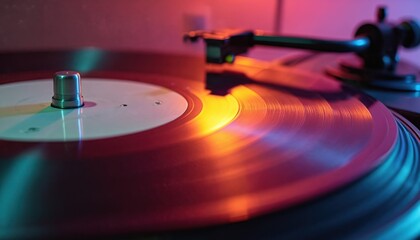 Turntable plays vinyl record under neon light. Music player spins a vintage audio disc. Eighties retro disco vibe with colorful gradient. Retro style entertainment.
