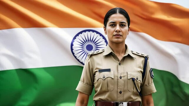 Indian woman in military uniform standing proudly against flag  