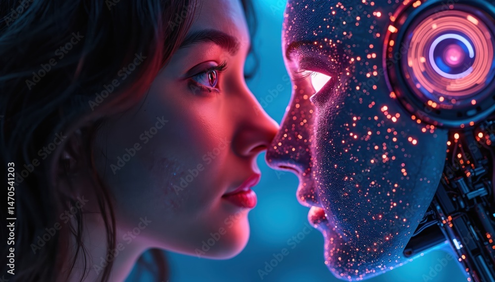 Aufkleber woman, robot touch noses. illustration explores themes of artificial intelligence, human-machine con
