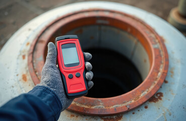 Worker hand holding gas detector near open manhole tank during inspection. Safety gas testing. Measures gas concentration, emission levels. Industrial environment, safety engineering, dangerous work.