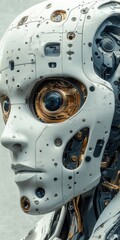 Detailed Face Portrait of a Metallic Robot with Intricate Mechanical Components and Advanced Optical Sensors