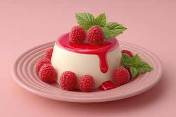 Panna Cotta Dessert Raspberry with Mint, and Plate.