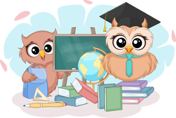 Cute Cartoon Owls with School Supplies and Blackboard. Back to School Vector Illustration