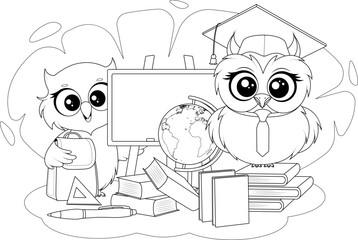 Printable Coloring Page with Cute School Owls and Educational Elements. Line Art for Kids