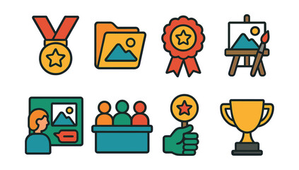 Flat vector icons of art competitions: contest medal, submission folder, winner badge, art challenge, critique board, judge panel, audience vote, prize icon.