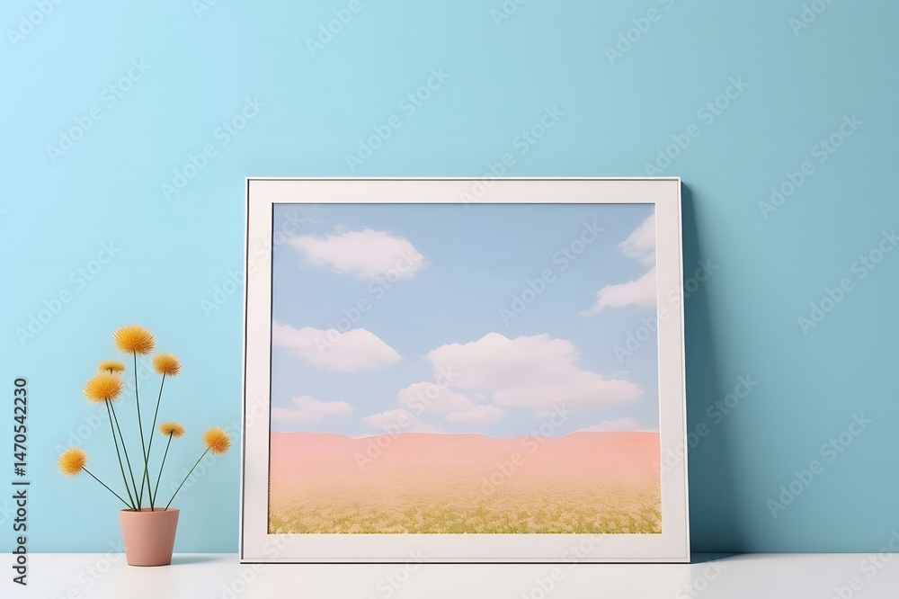 Aufkleber 明るい青い壁の背景のフレームに花畑の美しいシーンとピンクの植木鉢に入った抽象的な黄色の花のアートの静物