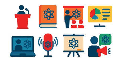Flat vector icons of scientific communication: conference podium, science journal, public lecture, infographic chart, online class, science podcast, whiteboard, outreach icon.