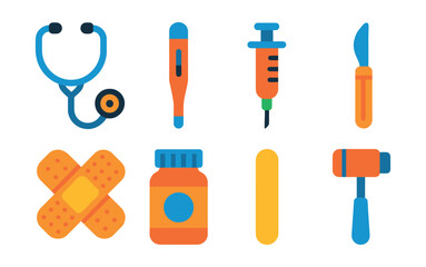Flat vector icons of medical tools: stethoscope, thermometer, syringe, scalpel, bandage, pill bottle, tongue depressor, reflex hammer.