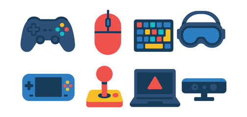 Flat vector icons of gaming devices: game controller, gaming mouse, mechanical keyboard, VR headset, handheld console, arcade joystick, gaming laptop, motion sensor.