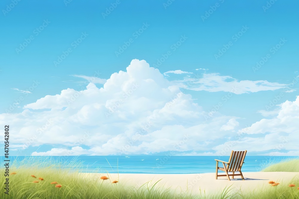 Aufkleber 青空の下の穏やかな海のビーチと茅葺きの椅子 夏の休暇の風景 砂浜の休暇の目的地