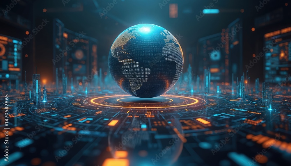 Aufkleber Futuristic illustration globe floating above network interface. Blue, orange colors with data streams, abstract patterns. Digital tech with information, connections, worldwide communication design.