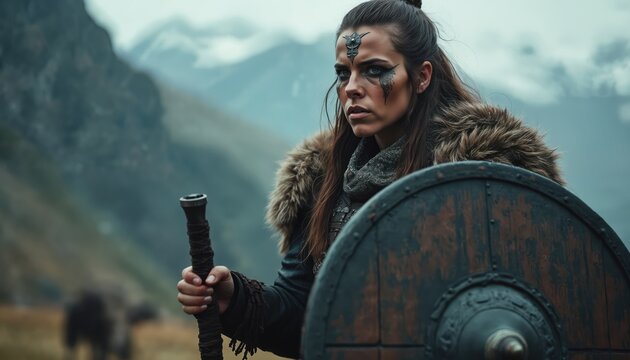 Viking shieldmaiden portrait warrior woman. Female shield maiden with determined gaze holds axe. Norse warrior in fur armor, shield. Epic battle scene, historical, war, strength.
