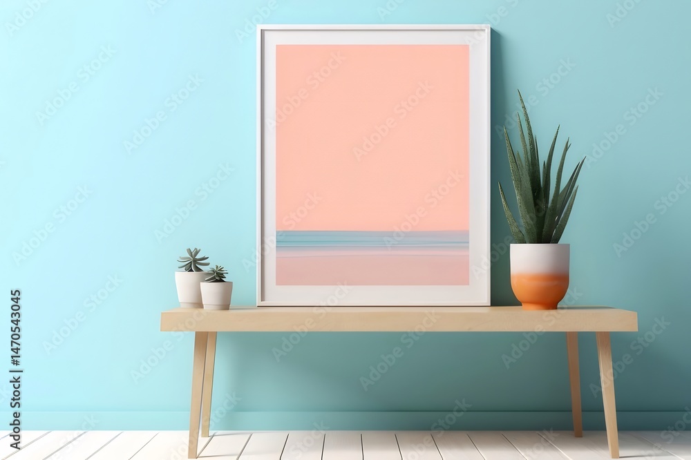 Poster ミント色の壁とパステルカラーのアートワークが飾られた木製のテーブルの上に植木鉢が置かれたミニマリストの屋内シーン