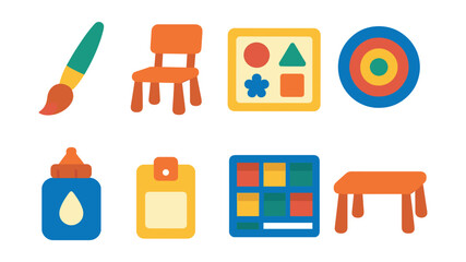 Flat vector icons of preschool items: paint brush, small chair, activity mat, circle time rug, glue pot, name tag, cubby storage, mini table.