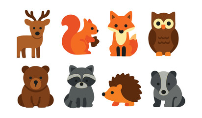 Flat vector icons of wildlife and forest animals: deer, squirrel, fox, owl, bear, raccoon, hedgehog, badger.