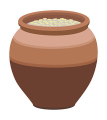 Illustration of a traditional clay pot filled with grains or seeds, simple design