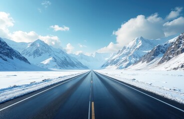 Straight asphalt highway road leads snow mountains natural landscape. Illustration created using artificial intelligence. Clear blue sky, winter travel, car background, way to vacation.