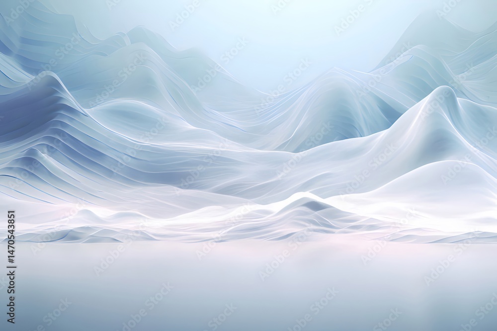 Poster 白い雪の山々抽象的な背景イラストレーション、ブルーとホワイトの配色、スムーズなグラデーション、夢のような冬の風景
