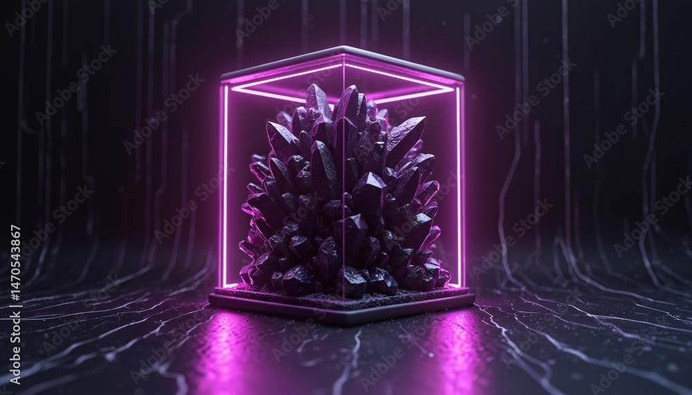 Poster 3d rendering of black crystal cluster inside lit neon frame. purple neon lights on black background.